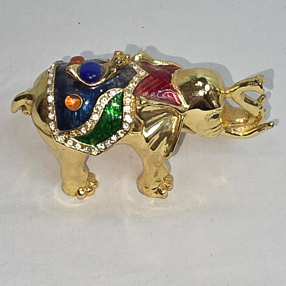 Impluse International Gold Enamel Elephant Trinket Box Jeweled Hinged Ring Box